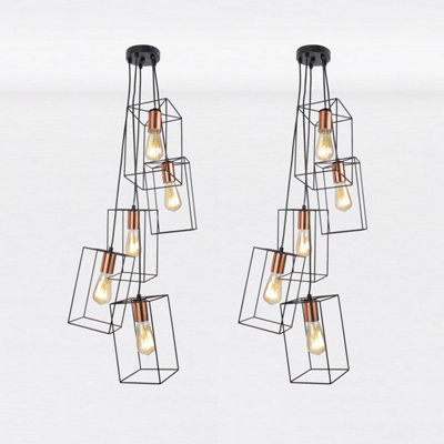 First Choice Lighting Set of 2 Matt Black With Brushed Copper Detail 5 Light Pendants