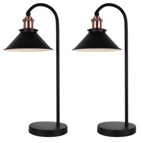 First Choice Lighting Set Of 2 Matt Black With Brushed Copper Table Lamps