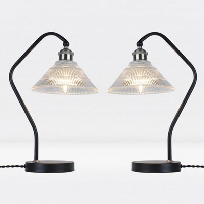 First Choice Lighting Set of 2 Matt Black With Fluted Glass Table Lamps