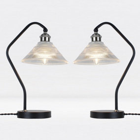 First Choice Lighting Set of 2 Matt Black With Fluted Glass Table Lamps