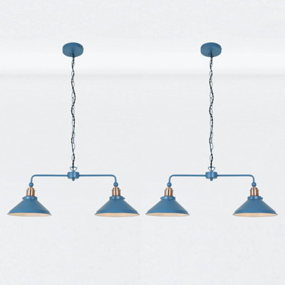 First Choice Lighting Set of 2 Maxwell Mirage Blue Brushed Copper 2 Light Bar Ceiling Pendant Lights