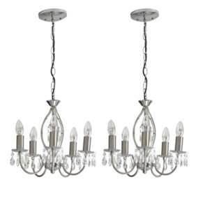 First Choice Lighting Set of 2 Monsoon Satin Nickel Clear Beaded 5 Light Chandeliers