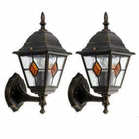 First Choice Lighting Set of 2 Morecambe Black Gold Clear Amber IP44 Outdoor Wall Lights