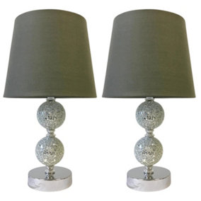 First Choice Lighting Set of 2 Mosaic Chrome Mirrored Glass Grey Touch Table Lamp With Shades