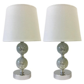 First Choice Lighting Set of 2 Mosaic Chrome Mirrored Glass White Touch Table Lamp With Shades