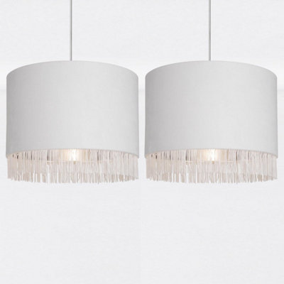 First Choice Lighting Set of 2 Off White Velvet With Chrome Inner Tassled Light Shades