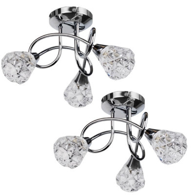 First Choice Lighting Set of 2 Oto Chrome with Clear Textured Glass 3 Light Flush Ceiling Lights
