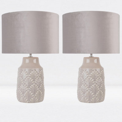 First Choice Lighting Set of 2 Peacock Glazed Ceramic Lamps with Grey Velour Shade