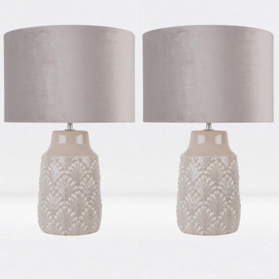 First Choice Lighting Set of 2 Peacock Grey Ceramic Table Lamp With Shades