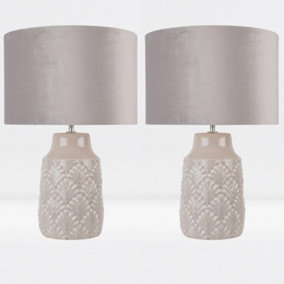 First Choice Lighting Set of 2 Peacock Grey Ceramic Table Lamp With Shades