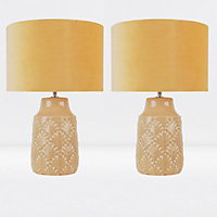 First Choice Lighting Set of 2 Peacock Ochre Ceramic Table Lamp With Shades