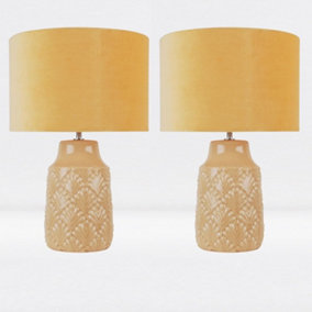 First Choice Lighting Set of 2 Peacock Ochre Ceramic Table Lamp With Shades