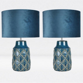 First Choice Lighting Set of 2 Peacock Teal Ceramic Table Lamp With Shades