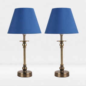First Choice Lighting Set of 2 Prior Antique Brass Blue Table Lamp With Shades