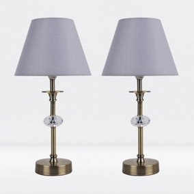 First Choice Lighting Set of 2 Prior - Antique Brass Clear Grey Facet Bedside Table Lamp With Shades