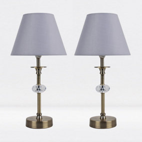 First Choice Lighting Set of 2 Prior - Antique Brass Clear Grey Facet Table Lamp With Shades