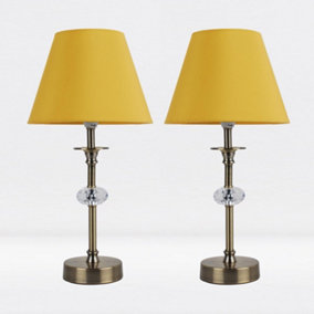 First Choice Lighting Set of 2 Prior - Antique Brass Clear Ochre Facet Bedside Table Lamp With Shades