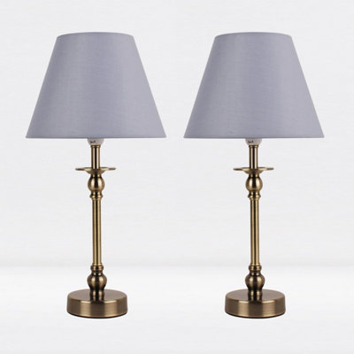 First Choice Lighting Set of 2 Prior - Antique Brass Grey Bedside Table Lamp With Shades