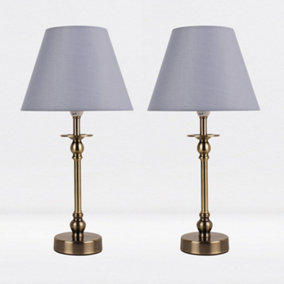 First Choice Lighting Set of 2 Prior - Antique Brass Grey Bedside Table Lamp With Shades