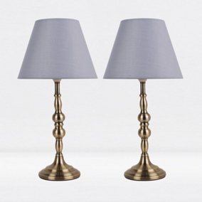 First Choice Lighting Set of 2 Prior - Antique Brass Grey Column Bedside Table Lamp With Shades