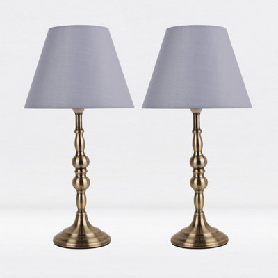 First Choice Lighting Set of 2 Prior - Antique Brass Grey Column Table Lamp With Shades