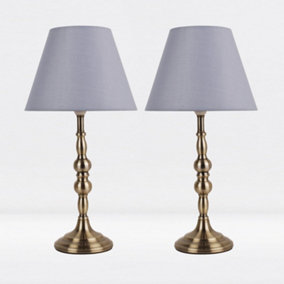 First Choice Lighting Set of 2 Prior - Antique Brass Grey Column Table Lamp With Shades
