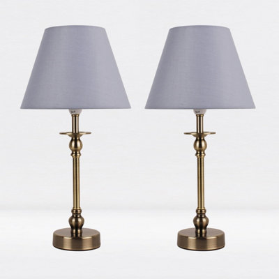 First Choice Lighting Set of 2 Prior - Antique Brass Grey Table Lamp With Shades