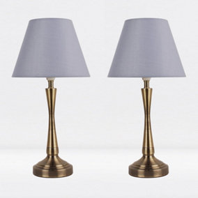 First Choice Lighting Set of 2 Prior - Antique Brass Grey Taper Bedside Table Lamp With Shades