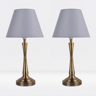 First Choice Lighting Set of 2 Prior - Antique Brass Grey Taper Table Lamp With Shades