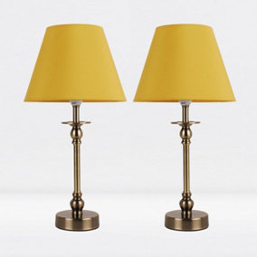 First Choice Lighting Set of 2 Prior - Antique Brass Ochre Bedside Table Lamp With Shades
