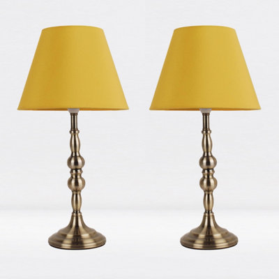 First Choice Lighting Set of 2 Prior - Antique Brass Ochre Column Bedside Table Lamp With Shades