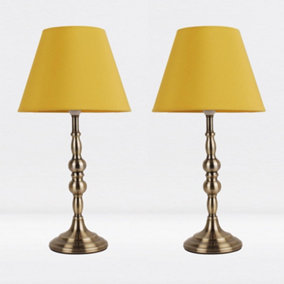 First Choice Lighting Set of 2 Prior - Antique Brass Ochre Column Bedside Table Lamp With Shades