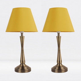 First Choice Lighting Set of 2 Prior - Antique Brass Ochre Taper Bedside Table Lamp With Shades