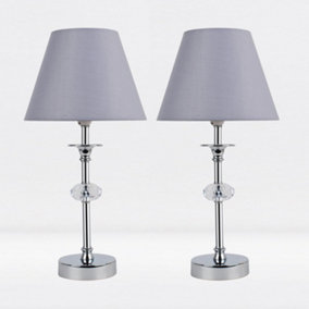 First Choice Lighting Set of 2 Prior - Chrome Clear Grey Facet Bedside Table Lamp With Shades