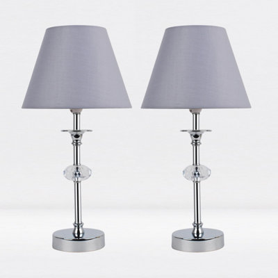 First Choice Lighting Set of 2 Prior - Chrome Clear Grey Facet Table Lamp With Shades