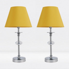 First Choice Lighting Set of 2 Prior - Chrome Clear Ochre Facet Bedside Table Lamp With Shades