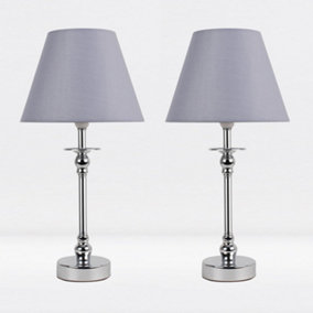 First Choice Lighting Set of 2 Prior - Chrome Grey Bedside Table Lamp With Shades
