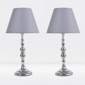 First Choice Lighting Set of 2 Prior - Chrome Grey Column Bedside Table Lamp With Shades