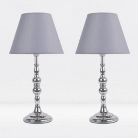 First Choice Lighting Set of 2 Prior - Chrome Grey Column Table Lamp With Shades