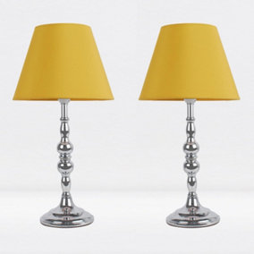 First Choice Lighting Set of 2 Prior - Chrome Ochre Column Bedside Table Lamp With Shades