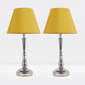 First Choice Lighting Set of 2 Prior - Chrome Ochre Taper Bedside Table Lamp With Shades