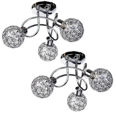 First Choice Lighting Set of 2 Reno Chrome Clear Beaded Glass 3 Light Flush Ceiling Lights