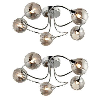 First Choice Lighting Set of 2 Rhian Chrome with Smoked Glass 5 Light Flush Ceiling Lights