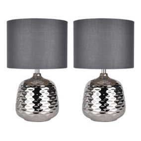 First Choice Lighting Set of 2 Ripple Chrome Grey Ceramic 32 cm Table Lamp With Shades