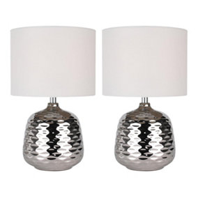 First Choice Lighting Set of 2 Ripple Chrome White Ceramic 32 cm Table Lamp With Shades