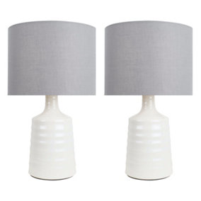 First Choice Lighting Set of 2 Ripple Off White Ribbed Ceramic Table Lamps with Grey Fabric Shades