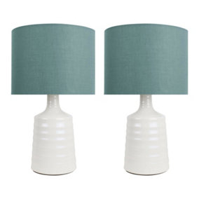 First Choice Lighting Set of 2 Ripple Off White Ribbed Ceramic Table Lamps with Teal Fabric Shades