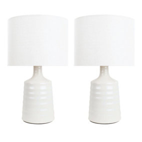 First Choice Lighting Set of 2 Ripple Off White Ribbed Ceramic Table Lamps with White Fabric Shades