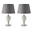 First Choice Lighting Set of 2 Roma Chrome Mirrored Glass Grey Table Lamp With Shades