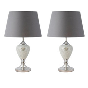 First Choice Lighting Set of 2 Roma Chrome Mirrored Glass Grey Table Lamp With Shades